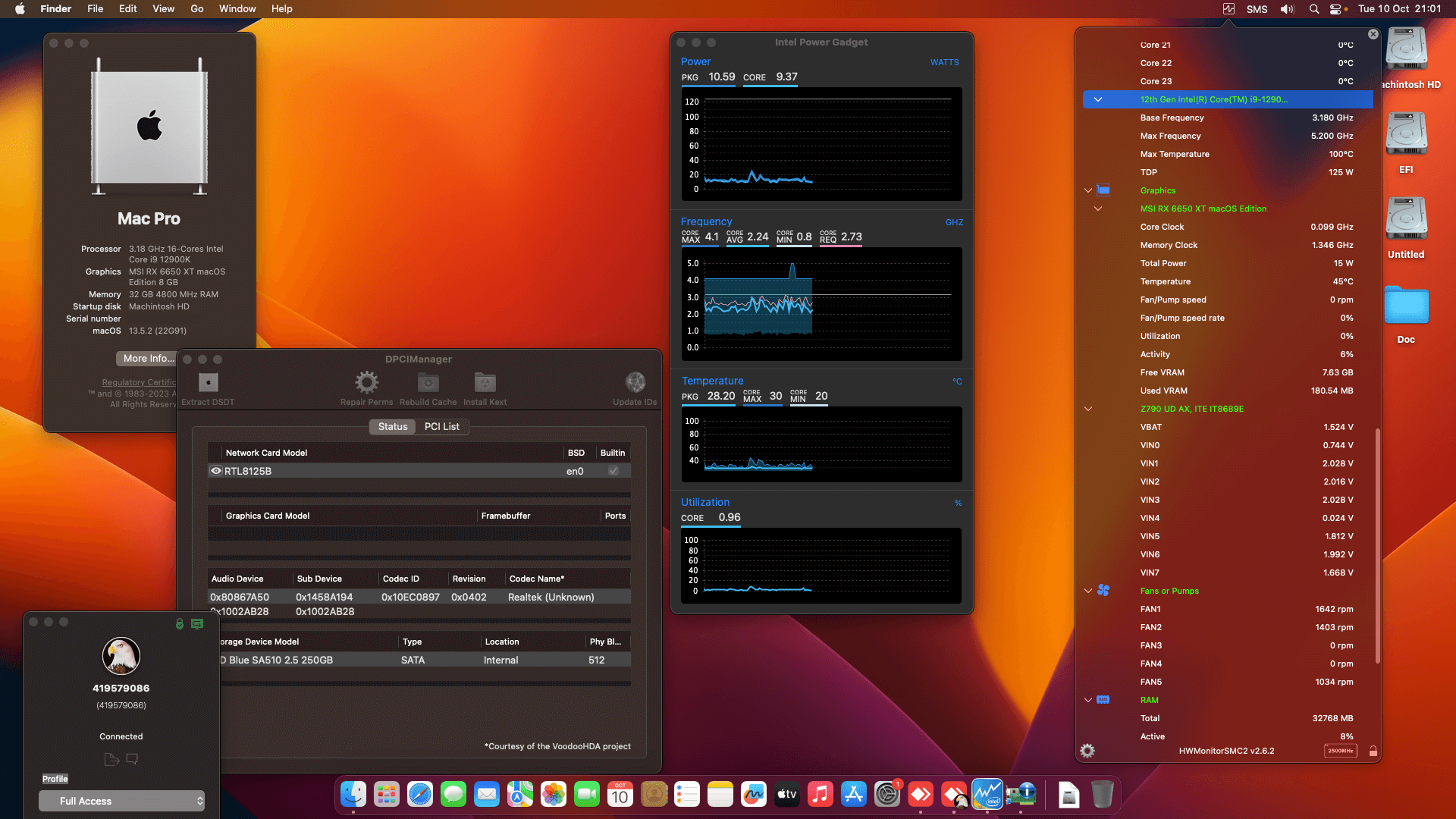 Success Hackintosh macOS Ventura 13.5.2 Build 22G91 in Gigabyte Z790 UD AX + Intel Core i9 12900K + MSI RX 6650 XT